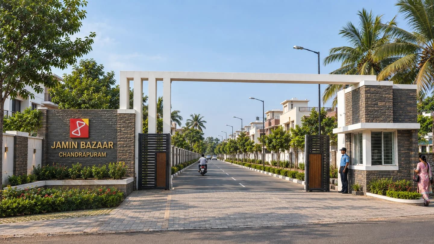 Entrance gate render for the planned residential layout project at Chandrapuram.