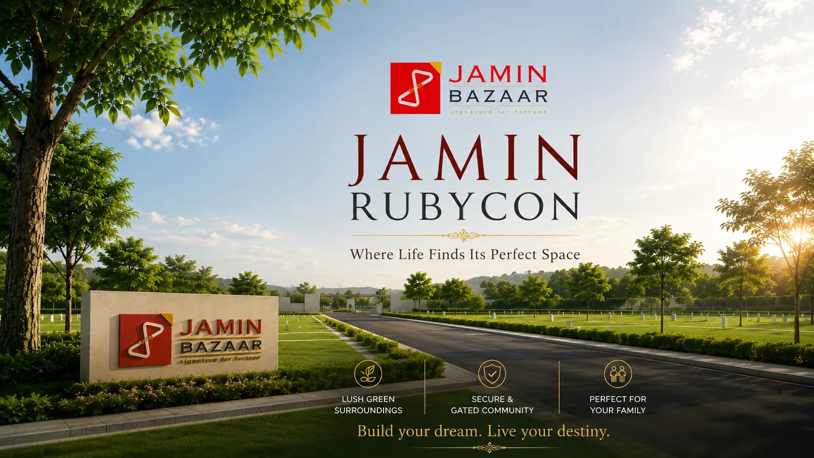 Jamin Rubycon — where life finds its perfect space. A gated plotted layout with lush green surroundings, secure entry and a formed approach road.