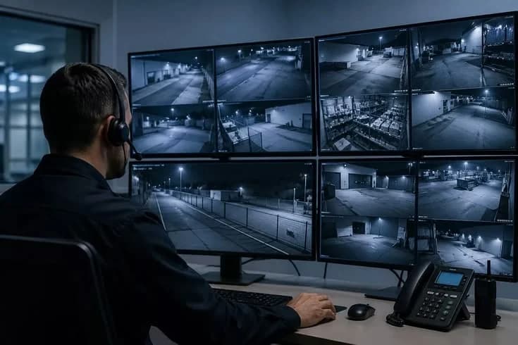Illustration: an operator in a headset watching a wall of camera monitors at night.