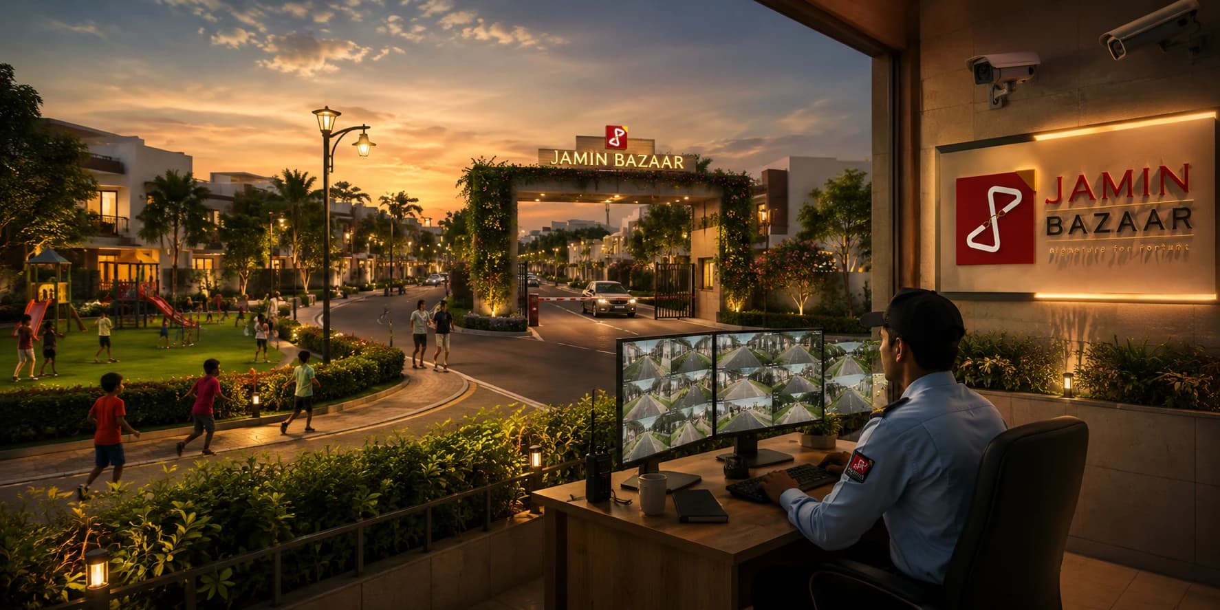 Illustration: a Jamin Bazaar community at dusk. Children run on a lawn beside a lit entrance arch, while a guard in the gate house watches a bank of camera monitors.