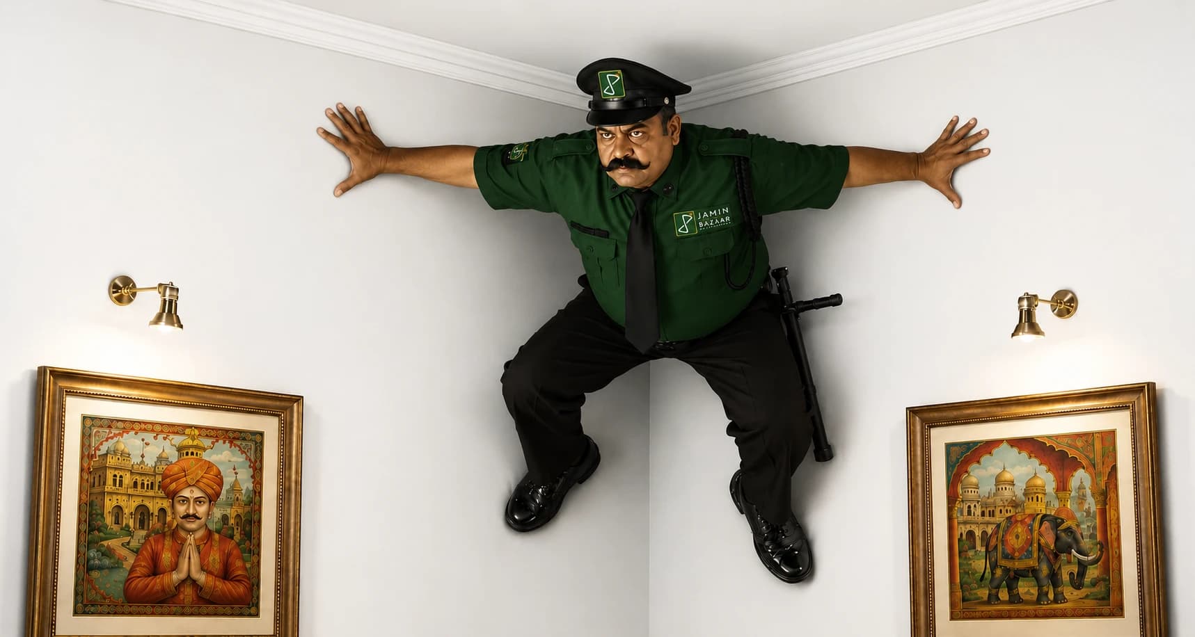 Illustration: a security guard in Jamin Bazaar green, braced across the ceiling of a bright hallway between two framed paintings, watching the corridor below.