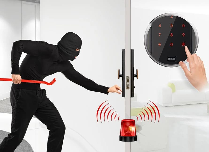 Illustration: a figure forcing a door on one side of a wall while a keypad and siren respond on the other.