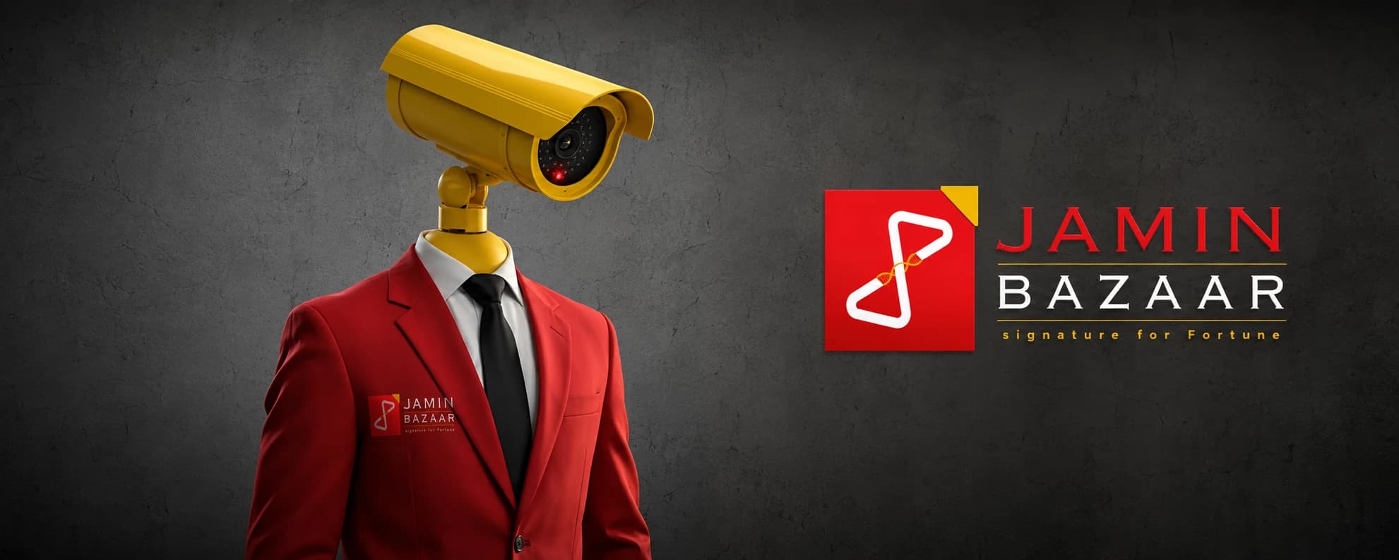 Illustration: an officer in a red Jamin Bazaar jacket with a yellow security camera in place of a head, standing beside the Jamin Bazaar lockup.