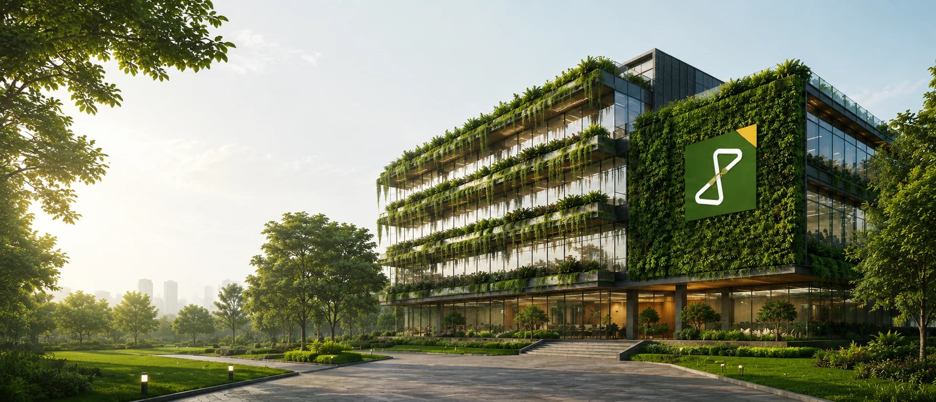 Concept render: a glass office building wrapped in living green walls and planted balconies, the Jamin Bazaar mark on its façade, in morning light.