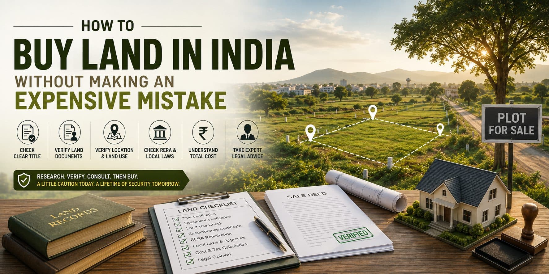 Indian land buyer inspecting a residential plot before purchase with land documents, survey boundaries and property verification