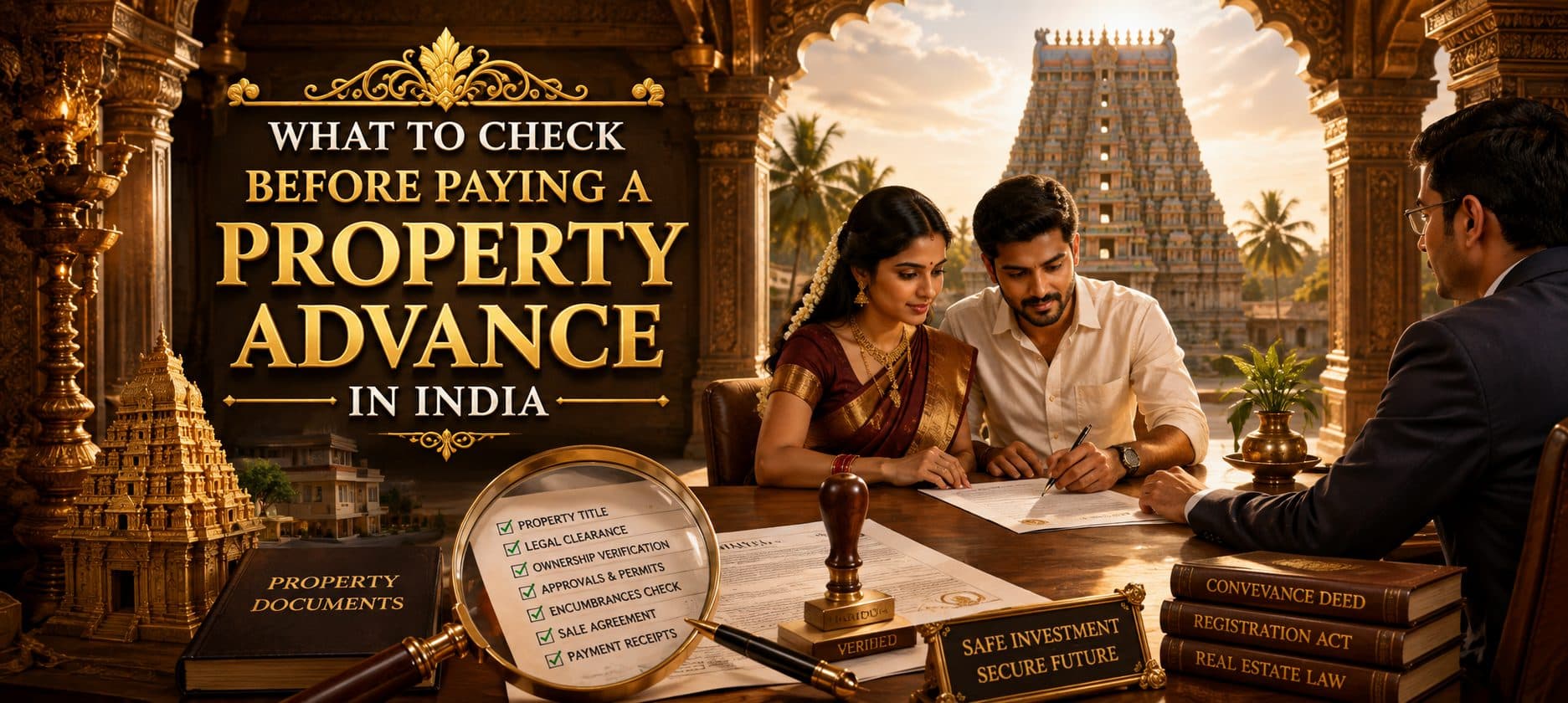 Property buyer checking documents before paying a property advance in India
