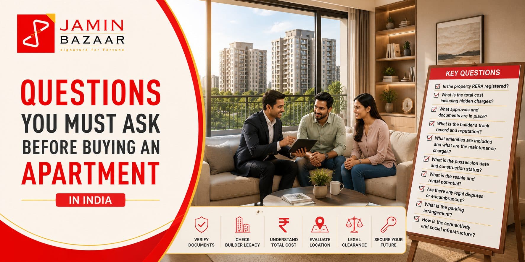 Indian apartment buyer checking RERA documents, carpet area, UDS and sale agreement before booking a flat