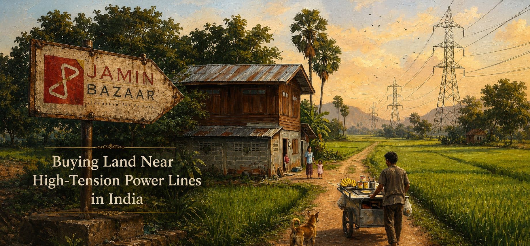 Buying land near high tension power lines in India with transmission tower and residential plots