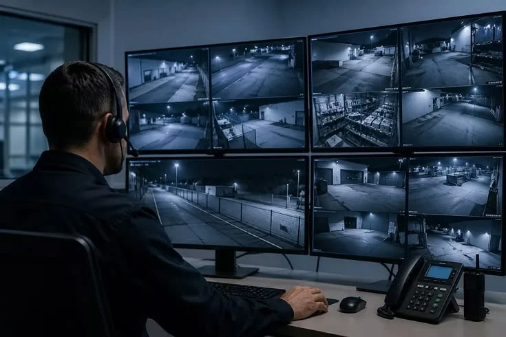 Illustration: an operator in a headset watching a wall of camera monitors at night.